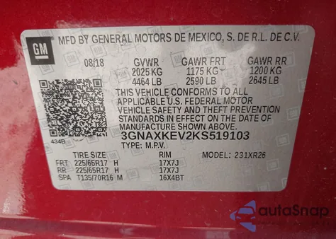 2019 Chevrolet Equinox Lt z USA, uszkodzony, nr VIN 3GNAXKEV2KS519103